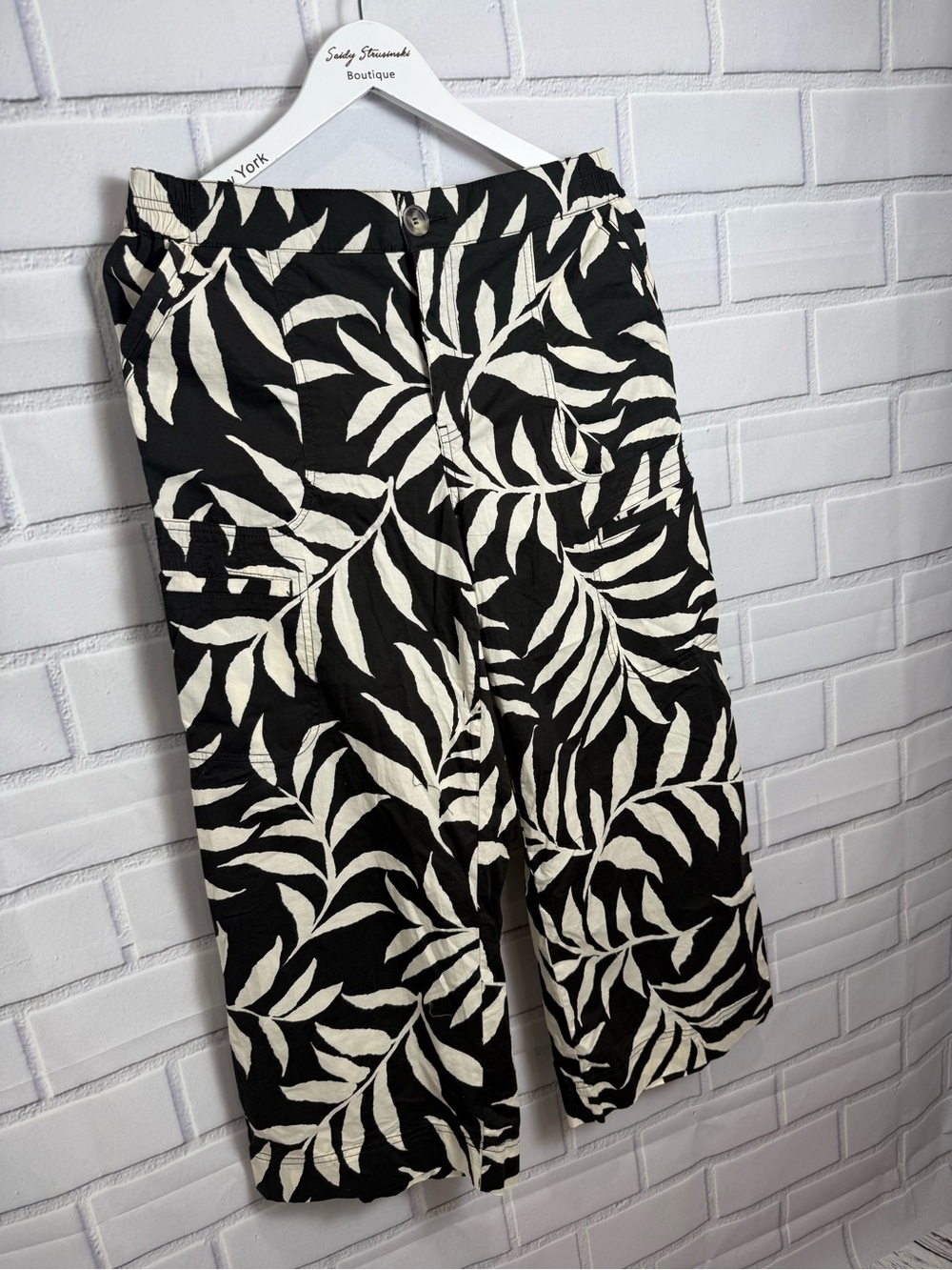 Democracy Black White Tropical Leaf Wide Leg Crop cotton Cottagecore Pants/10 - Picture 5 of 12